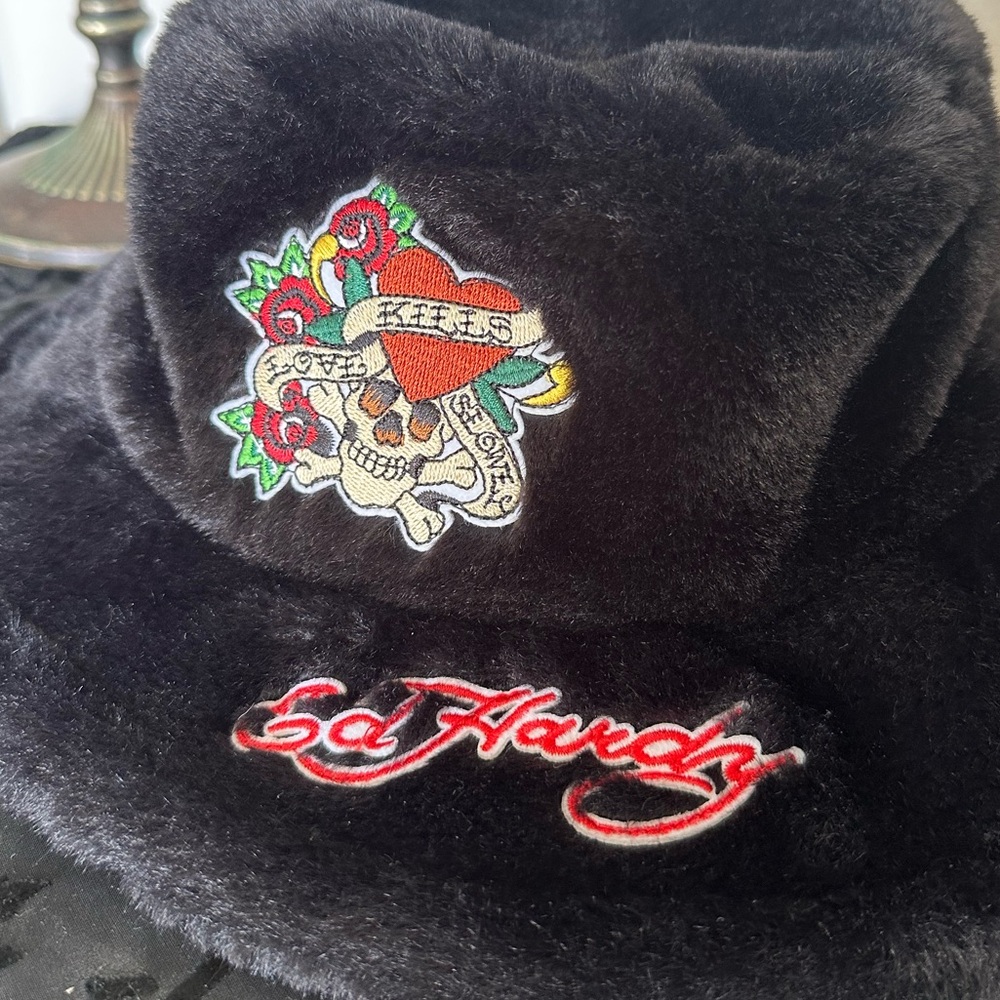 Ed Hardy Black Faux Fur Hat